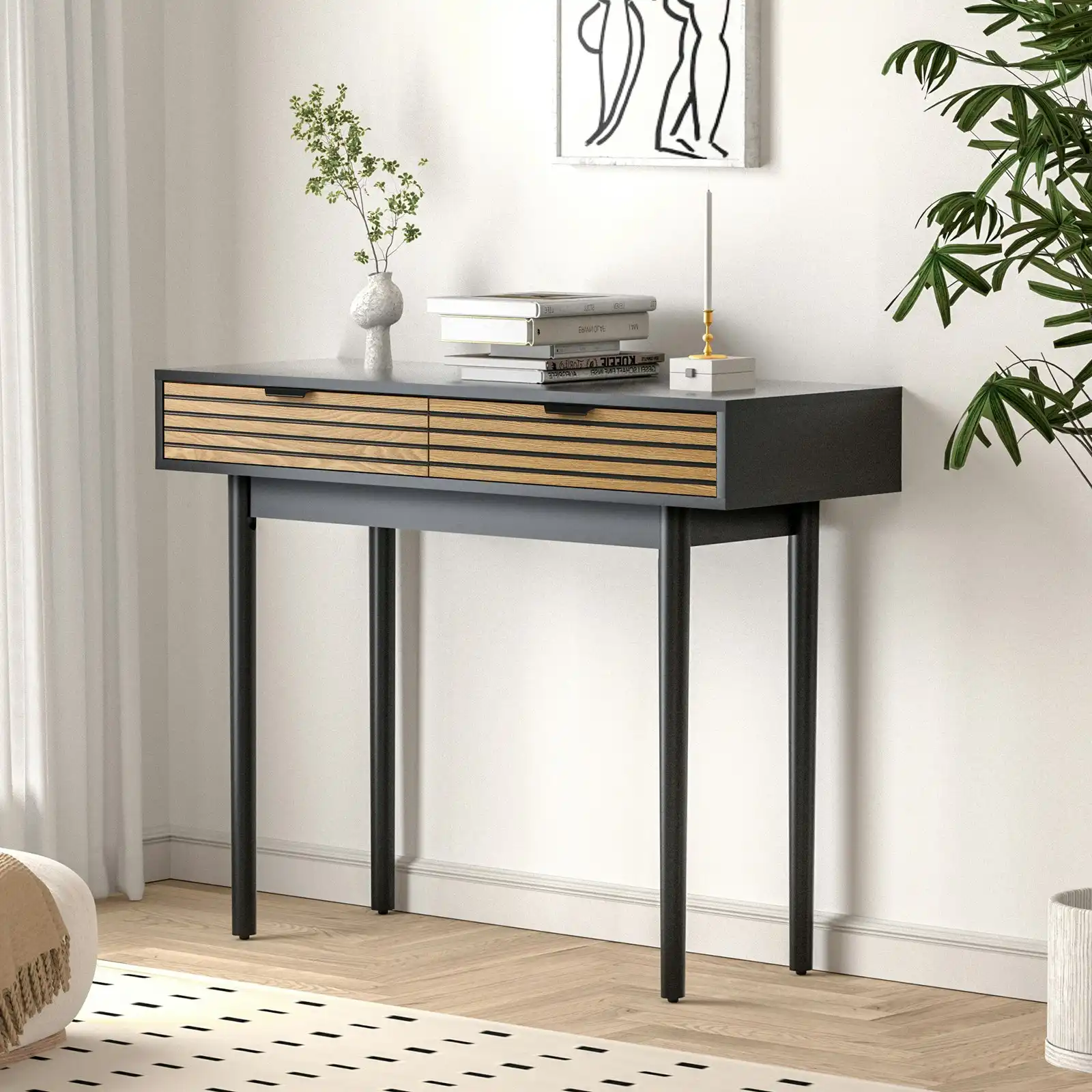 Oikiture Console Table Entry Hallway Side Table Display Desk w/Storage 2 Drawer Wood&Black