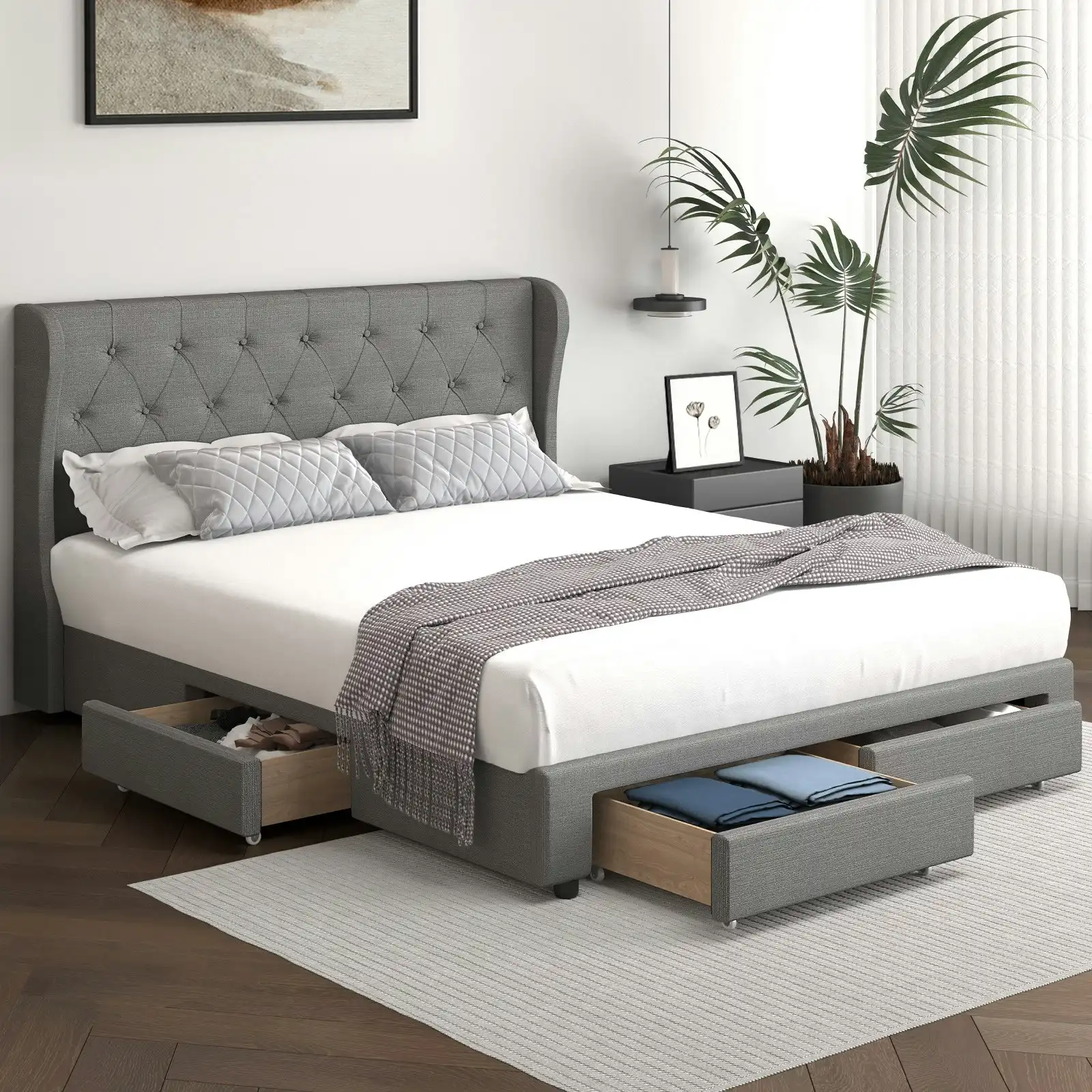 Oikiture Bed Frame Double Size Base With 4 Storage Drawers