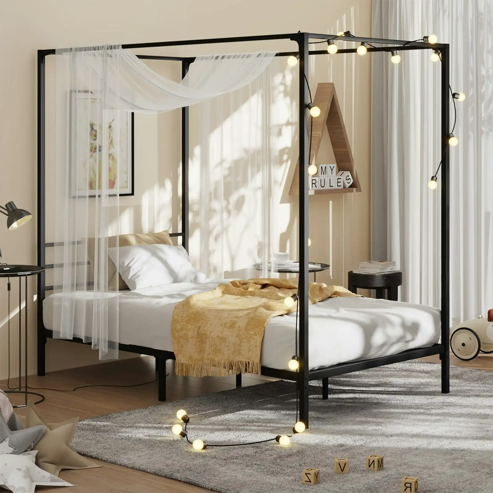 Oikiture Metal Canopy Bed Frame Single Size Platform