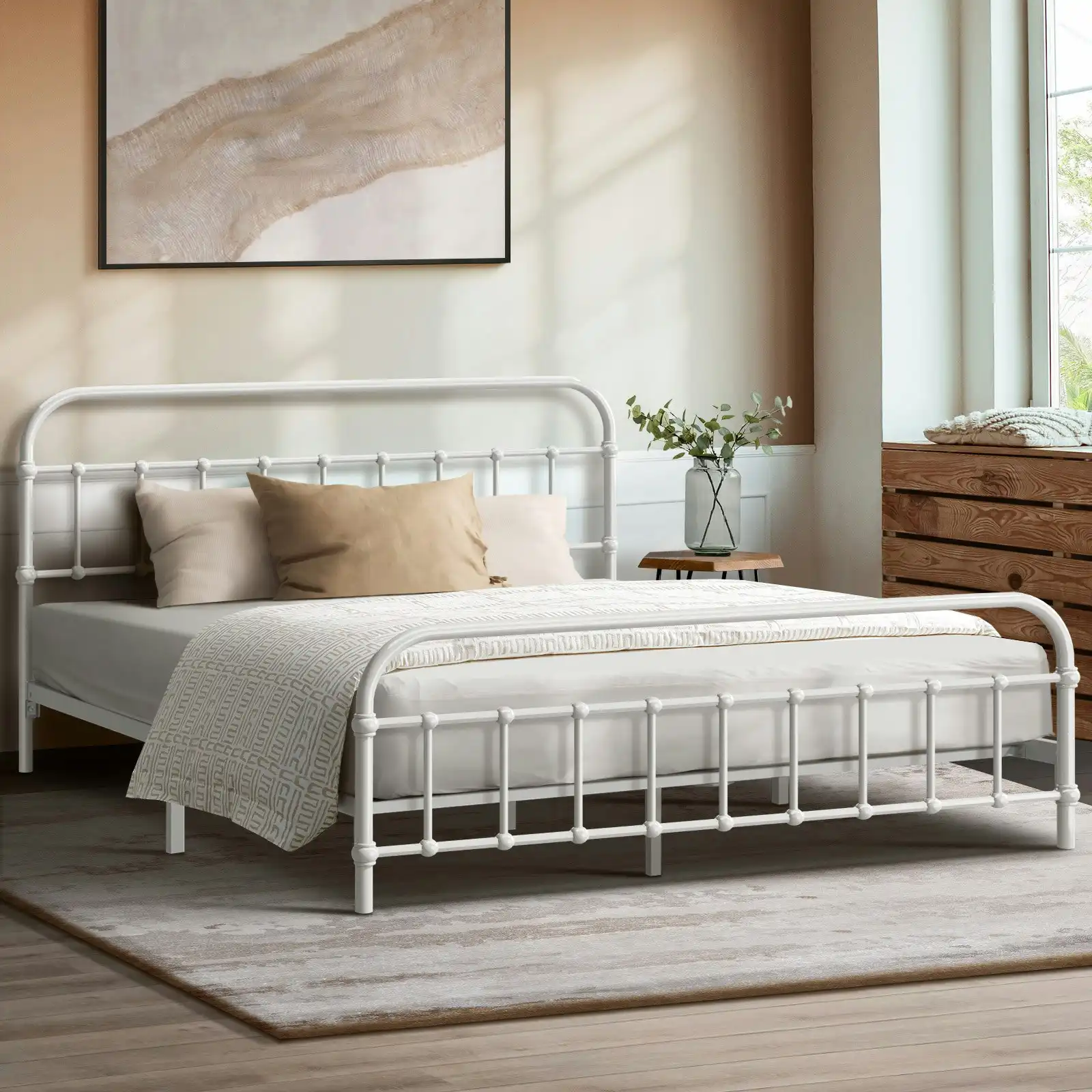 Oikiture Bed Frame Metal Bed Base Queen Size Bed Platform White