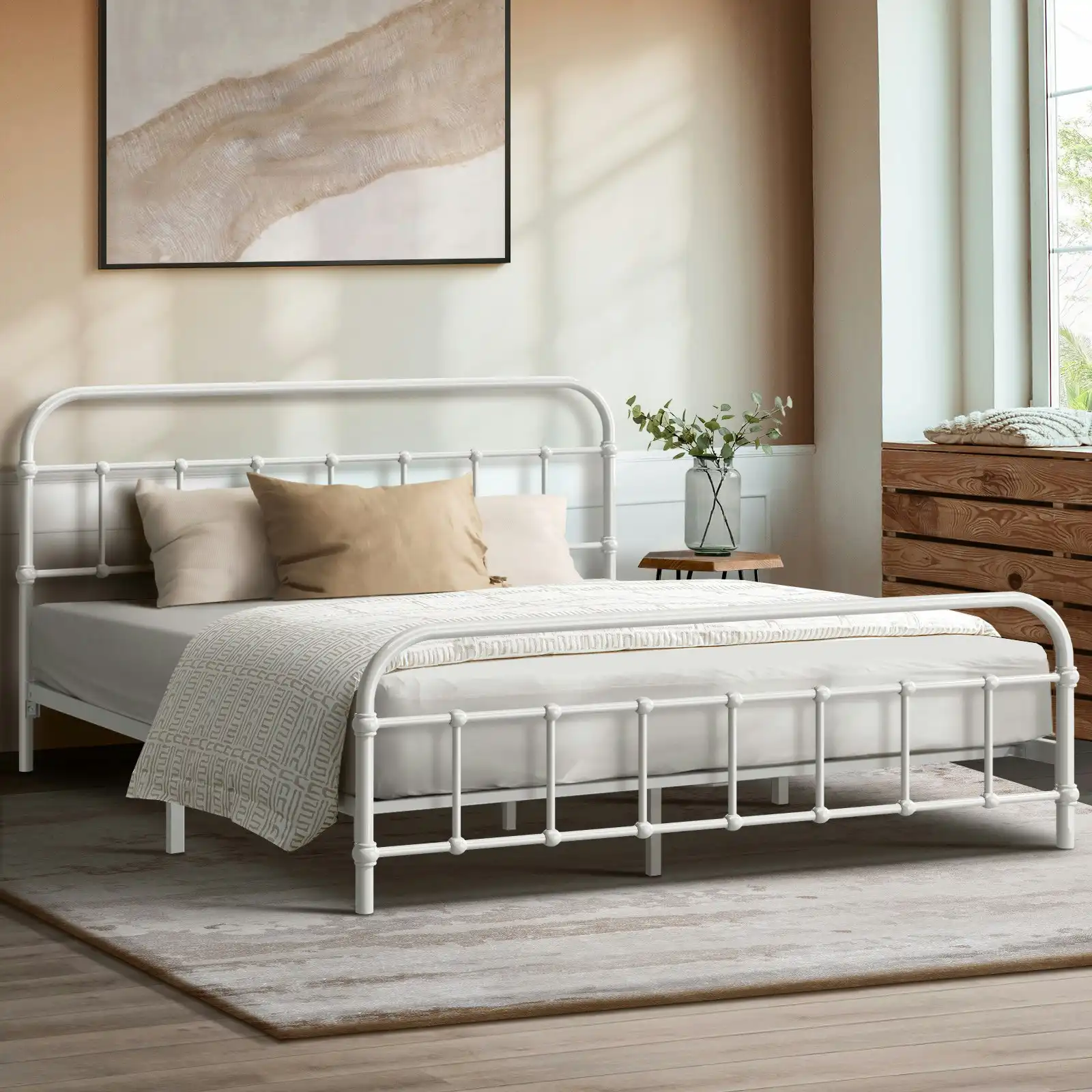 Oikiture Bed Frame Metal Bed Base Double Size Bed Platform White