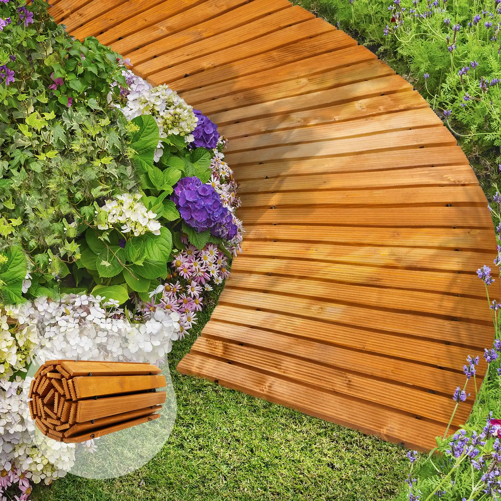 Livsip Garden Wooden Pathway 8ft Curved Roll-Out Wood Walkway Outdoor Backyard