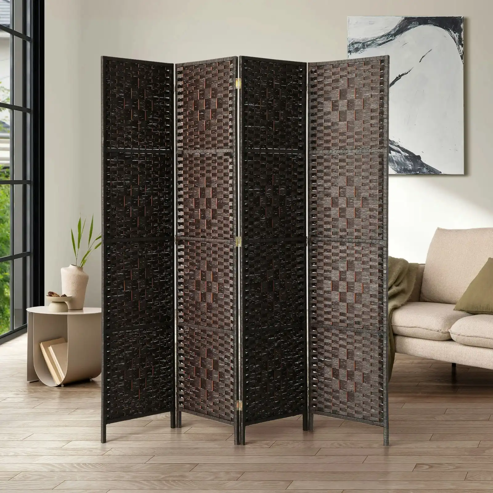 Oikiture 4 Panel Room Divider Screen Privacy Dividers Woven Wood Folding Brown