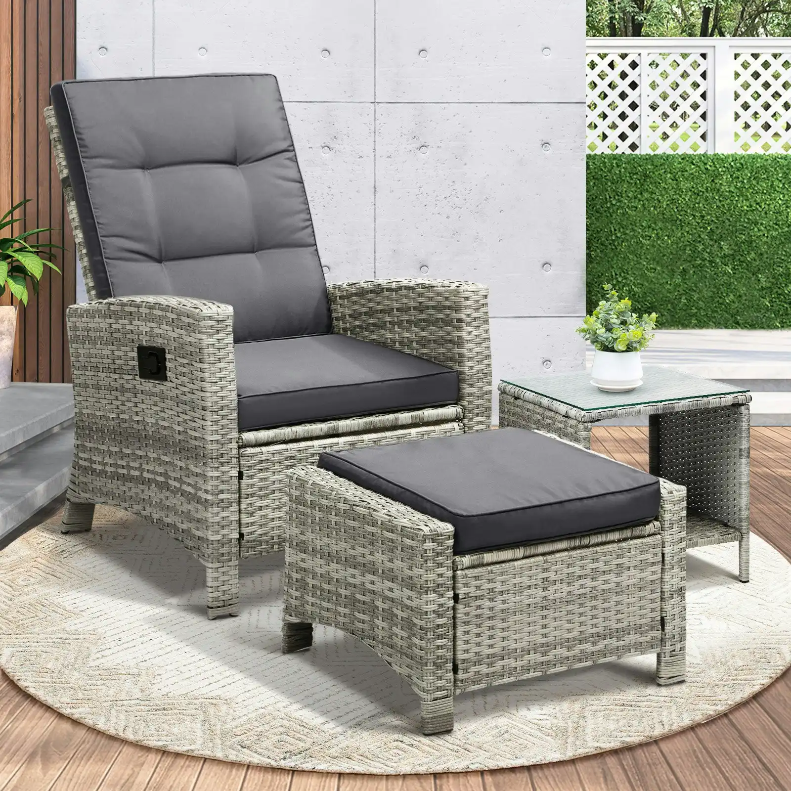 Livsip Recliner Chair Outdoor Sun Lounge Setting Wicker Sofa Patio Furniture 3PC
