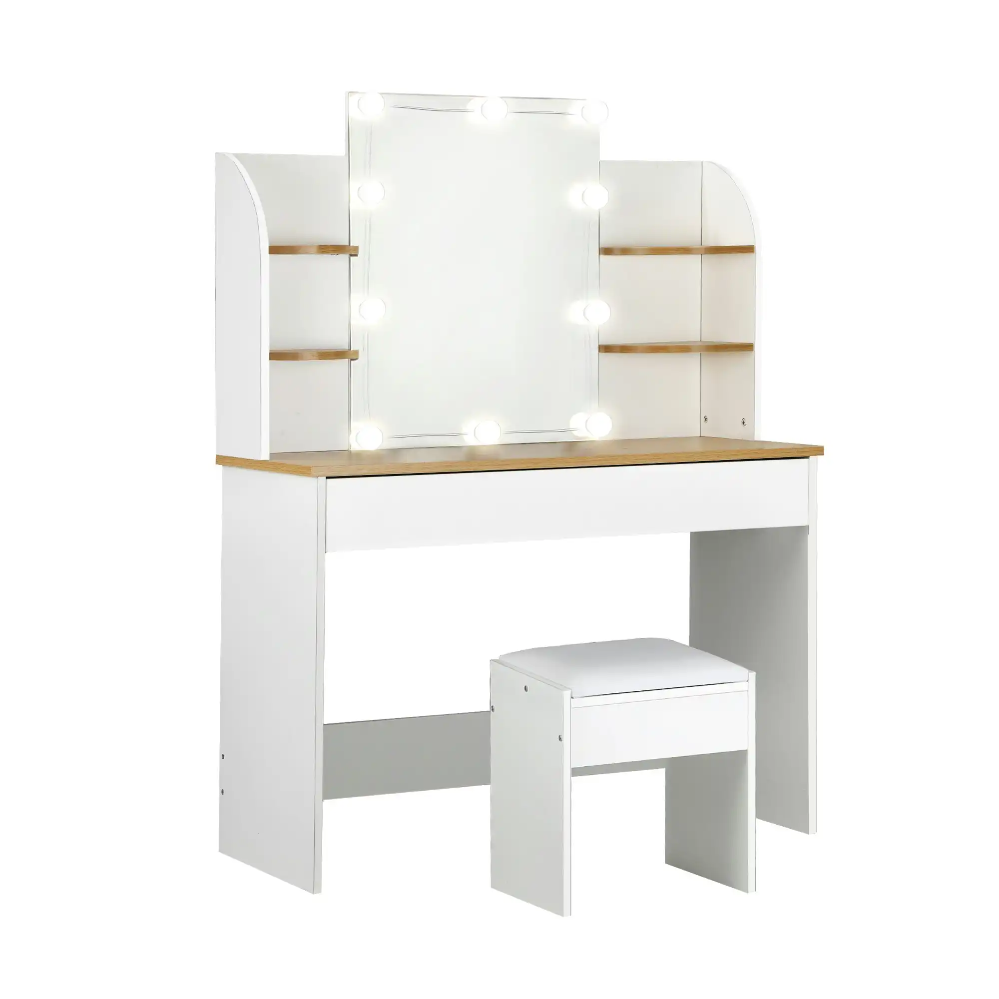 Oikiture Dressing Table Stool Set Makeup Mirror Storage Drawer 10 LED Bulbs