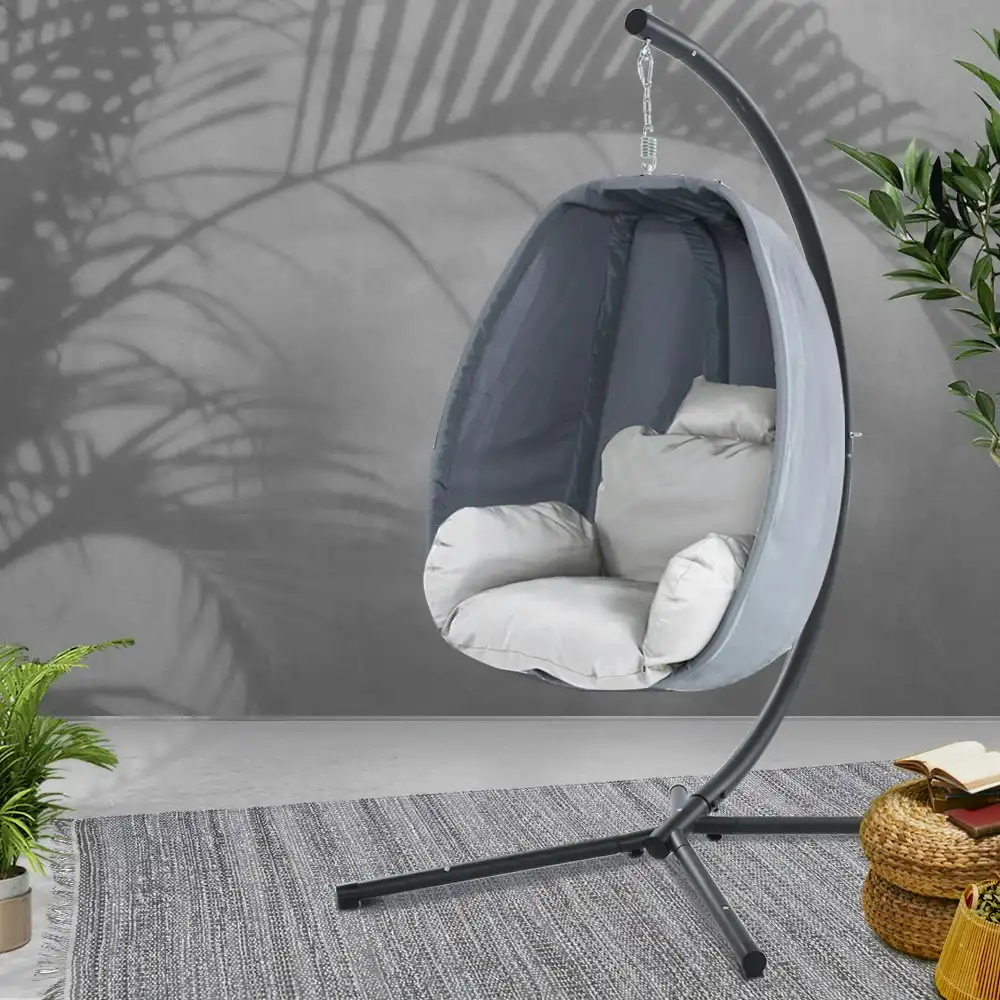 Gardeon Outdoor Swing Rocking Egg Chair with Stand Cushion Foldable - Grey